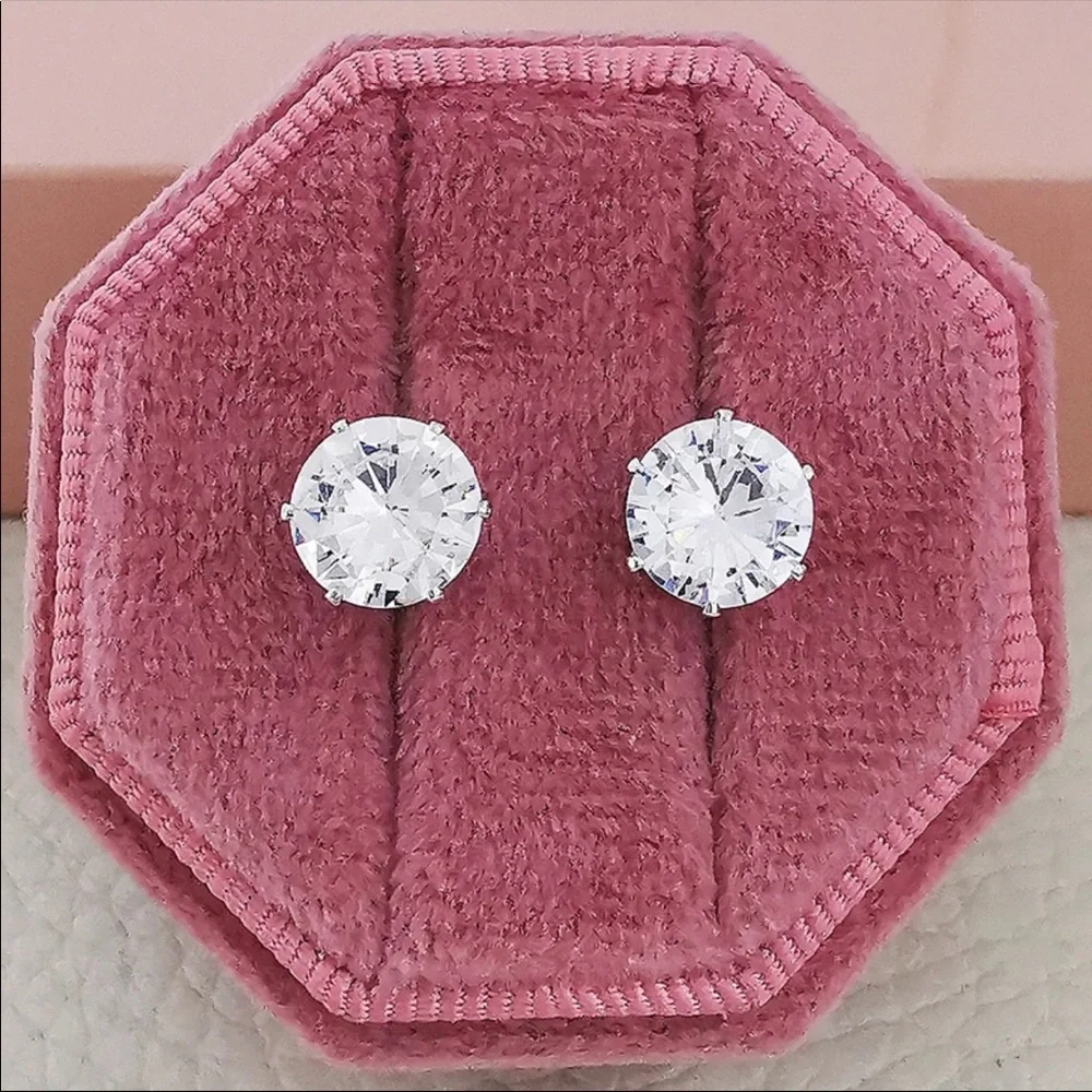 New 925 Silver 7.5MM Round 2 Carat Cubic Zirconia Stud Earrings - Picture 2 of 5